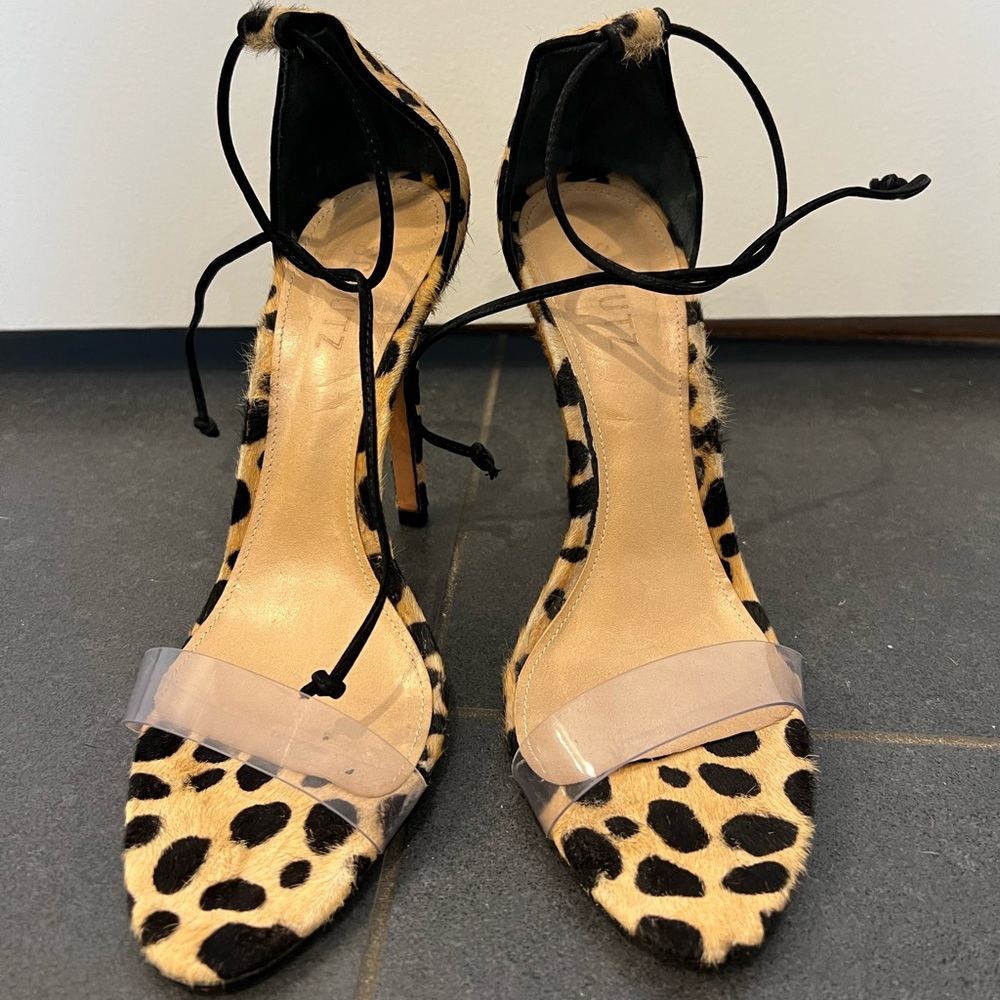 Schutz leopard calf ankle tie heeled sandals 9.5